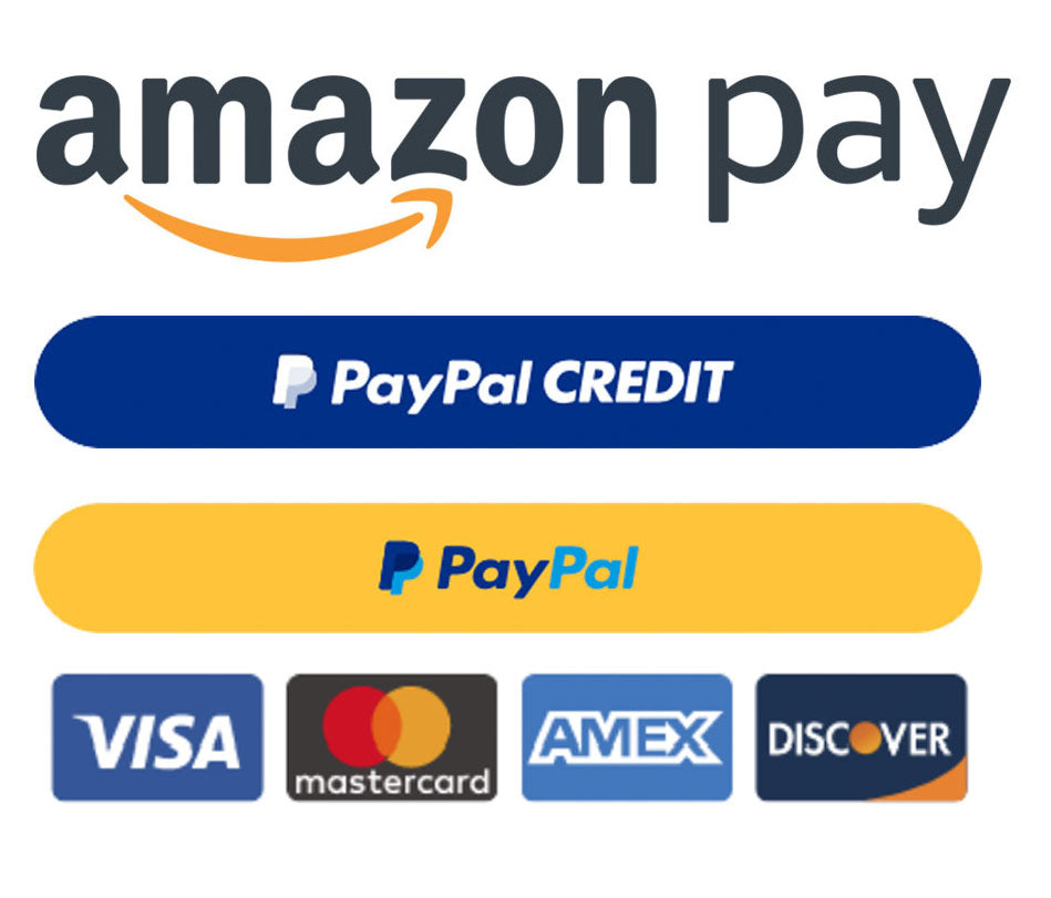 Amazon pay, PayPal Credit, PayPal, Visa, Mastercard, Amex, Discover